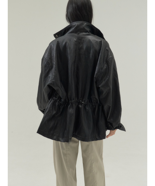 Sorry,Too Much Love(ソーリートゥーマッチラブ)の「Drawstring Waist Faux Leather Field Jacket_Black(ライダースジャケット・レディース・その他・FREE)」の3枚目の写真