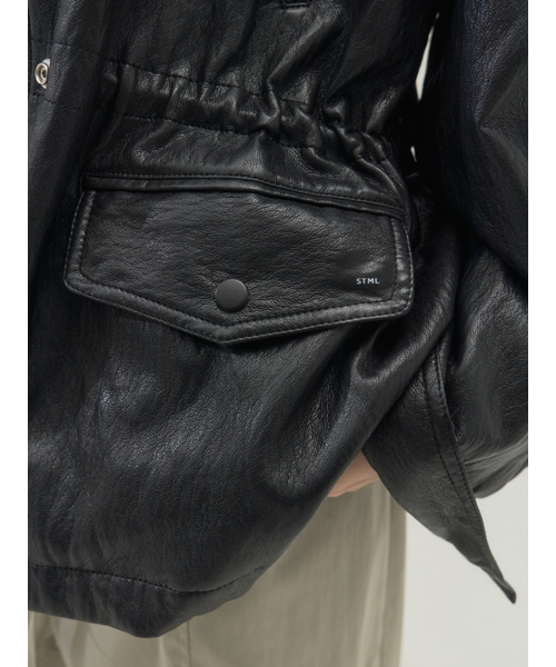 Sorry,Too Much Love(ソーリートゥーマッチラブ)の「Drawstring Waist Faux Leather Field Jacket_Black(ライダースジャケット・レディース・その他・FREE)」の5枚目の写真