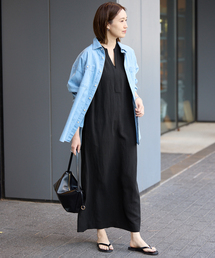 リネン混キーネックコクーンワンピース