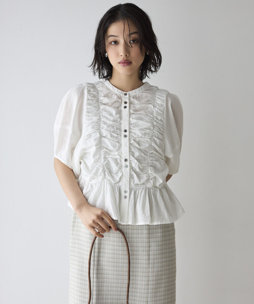 Firsthand(ファーストハンド)の「Firsthand/ファーストハンド シアー シャーリング ボリュームスリーブ ブラウス / 5分袖(シャツ/ブラウス・レディース・ホワイト/サックスブルー/ブラック・FREE)」の6枚目の写真