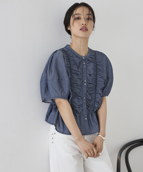 Firsthand(ファーストハンド)の「Firsthand/ファーストハンド シアー シャーリング ボリュームスリーブ ブラウス / 5分袖(シャツ/ブラウス・レディース・ホワイト/サックスブルー/ブラック・FREE)」の19枚目の写真