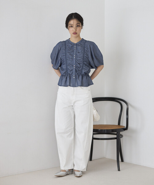 Firsthand(ファーストハンド)の「Firsthand/ファーストハンド シアー シャーリング ボリュームスリーブ ブラウス / 5分袖(シャツ/ブラウス・レディース・ホワイト/サックスブルー/ブラック・FREE)」の13枚目の写真