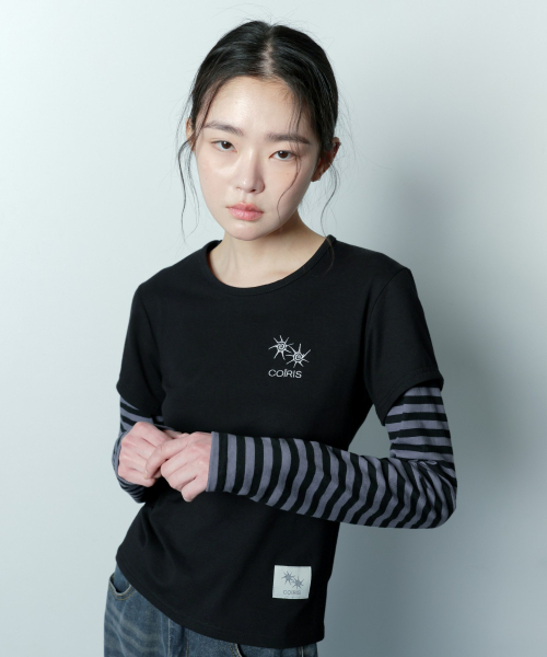 COIRIS_(コイリス)の「セリングセットアップレイヤードストライプロングスリーブTシャツ(Tシャツ/カットソー・レディース・ブラック・FREE)」の1枚目の写真