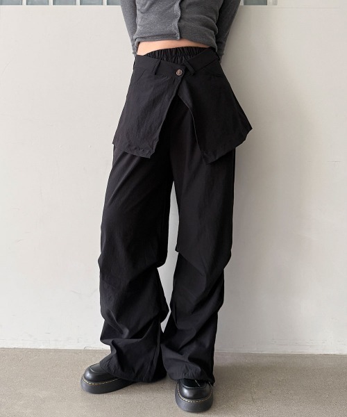 4INT.(フォイント)の「【2ピース】ラップ レイヤード スカート ブーツカット パンツ(その他パンツ・レディース・ブラック/ブラウン/チャコール・FREE)」の1枚目の写真
