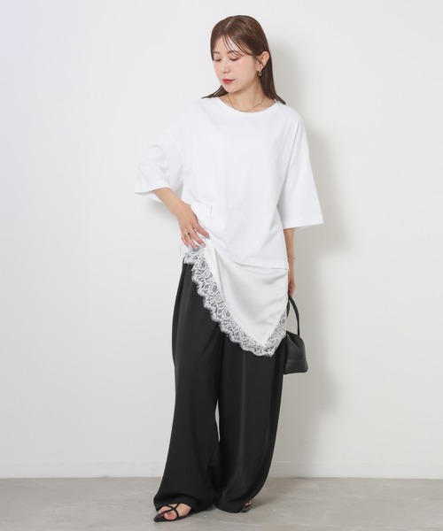 Riberry(リベリー)の「アシンメトリーレースドッキングTシャツ(Tシャツ/カットソー・レディース・ブラック/オフホワイト・FREE)」の4枚目の写真