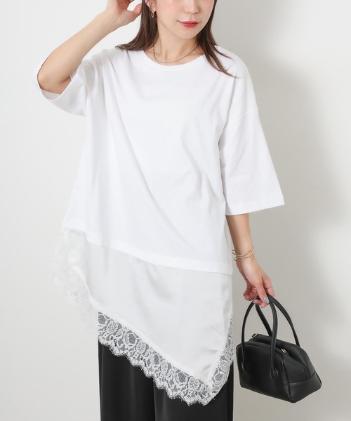 Riberry(リベリー)の「アシンメトリーレースドッキングTシャツ(Tシャツ/カットソー・レディース・ブラック/オフホワイト・FREE)」の5枚目の写真