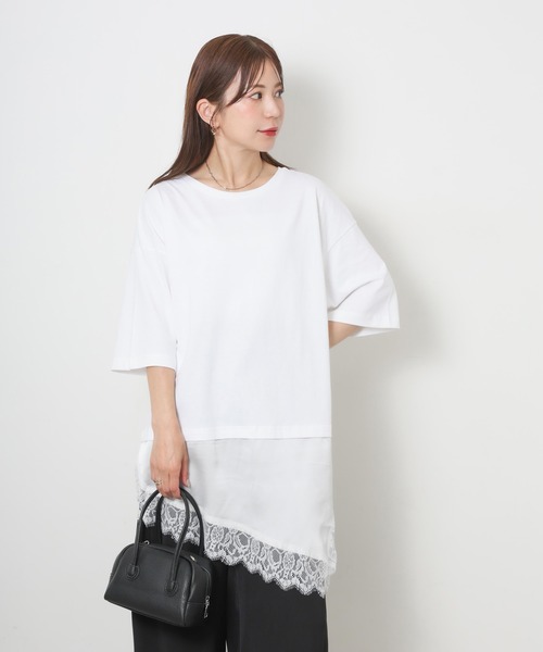 Riberry(リベリー)の「アシンメトリーレースドッキングTシャツ(Tシャツ/カットソー・レディース・ブラック/オフホワイト・FREE)」の6枚目の写真