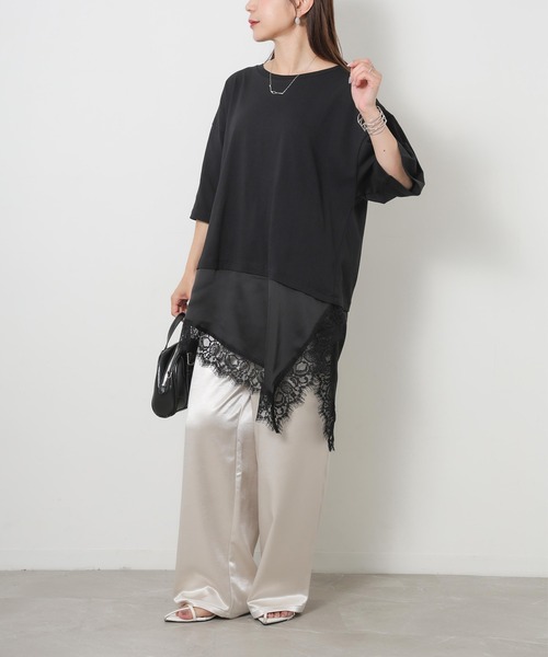 Riberry(リベリー)の「アシンメトリーレースドッキングTシャツ(Tシャツ/カットソー・レディース・ブラック/オフホワイト・FREE)」の7枚目の写真