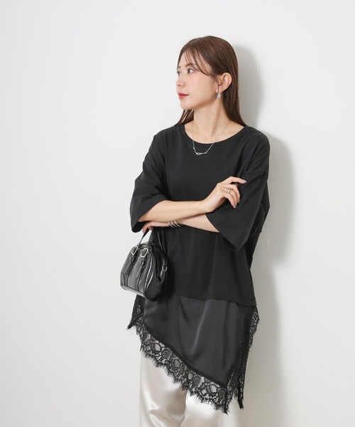 Riberry(リベリー)の「アシンメトリーレースドッキングTシャツ(Tシャツ/カットソー・レディース・ブラック/オフホワイト・FREE)」の16枚目の写真
