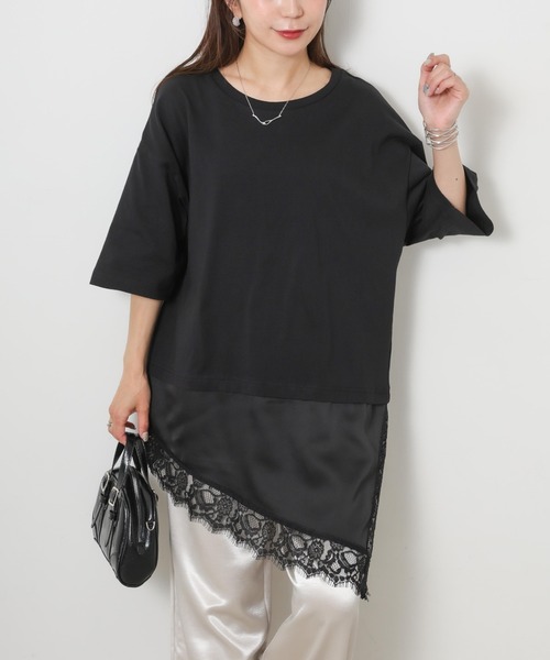 Riberry(リベリー)の「アシンメトリーレースドッキングTシャツ(Tシャツ/カットソー・レディース・ブラック/オフホワイト・FREE)」の11枚目の写真