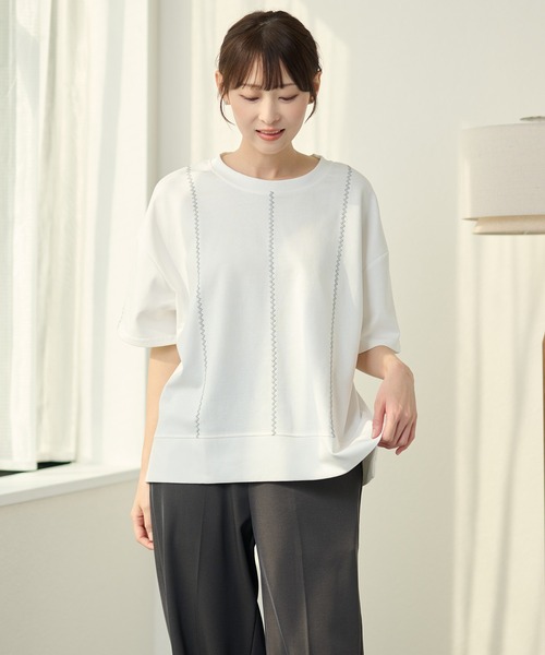 DAYRA(デイラ)の「ジグザグ ステッチ ゆる 半袖 トップス(Tシャツ/カットソー・レディース・グリーン/ホワイト/ブラック・FREE)」の2枚目の写真
