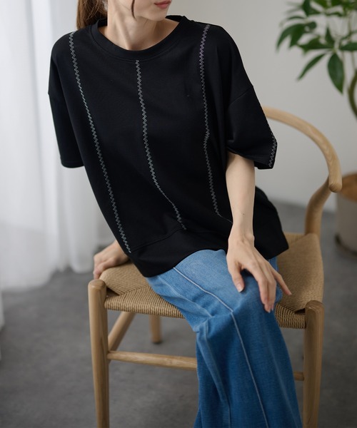 DAYRA(デイラ)の「ジグザグ ステッチ ゆる 半袖 トップス(Tシャツ/カットソー・レディース・グリーン/ホワイト/ブラック・FREE)」の6枚目の写真