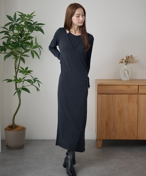 DAYRA(デイラ)の「アメスリ レイヤード リブ ロング ワンピース(ワンピース・レディース・グリーン/チャコールグレー/ブラック・S/FREE)」の2枚目の写真