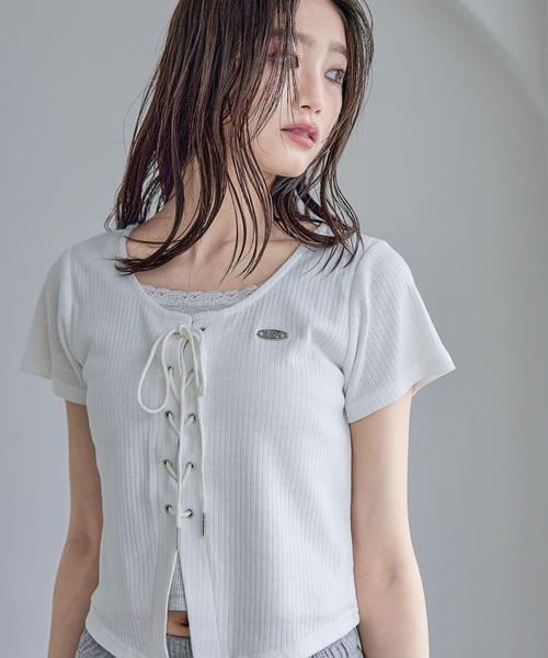 セール】LaceレースアップTシャツ（Tシャツ/カットソー）｜repipi