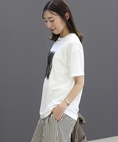 Aletta vita(アレッタビータ)の「T/C天竺レースロゴ刺繍半袖カットソー(Tシャツ/カットソー・レディース・チャコール/オフホワイト・FREE)」の18枚目の写真