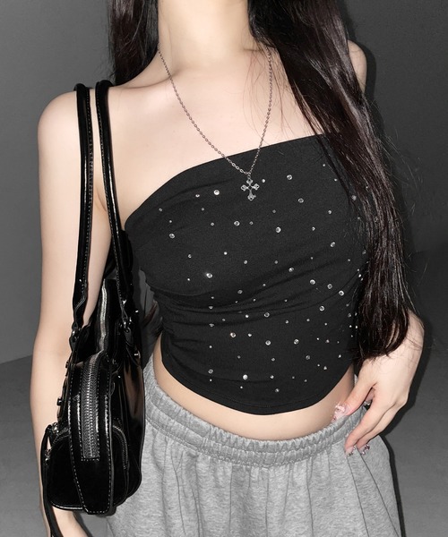 me+em select(ミームセレクト)の「【 3color 】ラインストーンスリムフィットベアトップ / Rhinestone slim fit bare top(チューブトップ・レディース・ホワイト/グレー/ブラック・FREE)」の11枚目の写真