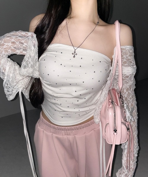 me+em select(ミームセレクト)の「【 3color 】ラインストーンスリムフィットベアトップ / Rhinestone slim fit bare top(チューブトップ・レディース・ホワイト/グレー/ブラック・FREE)」の20枚目の写真