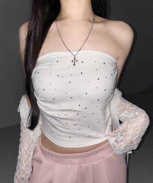 me+em select(ミームセレクト)の「【 3color 】ラインストーンスリムフィットベアトップ / Rhinestone slim fit bare top(チューブトップ・レディース・ホワイト/グレー/ブラック・FREE)」の21枚目の写真