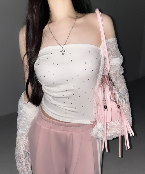 me+em select(ミームセレクト)の「【 3color 】ラインストーンスリムフィットベアトップ / Rhinestone slim fit bare top(チューブトップ・レディース・ホワイト/グレー/ブラック・FREE)」の22枚目の写真
