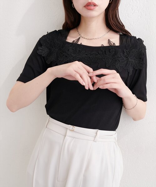 natural couture(ナチュラルクチュール)の「オフショル風レースプルオーバー(Tシャツ/カットソー・レディース・ピンク/ブラック/オフホワイト/サックスブルー・FREE)」の11枚目の写真