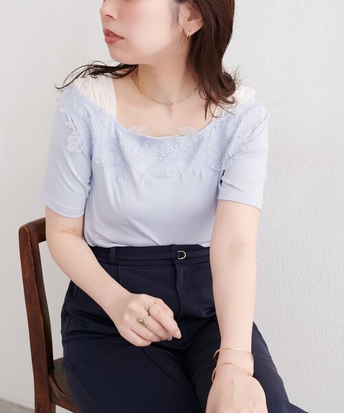 natural couture(ナチュラルクチュール)の「オフショル風レースプルオーバー(Tシャツ/カットソー・レディース・ピンク/ブラック/オフホワイト/サックスブルー・FREE)」の14枚目の写真