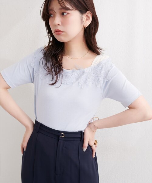 natural couture(ナチュラルクチュール)の「オフショル風レースプルオーバー(Tシャツ/カットソー・レディース・ピンク/ブラック/オフホワイト/サックスブルー・FREE)」の16枚目の写真