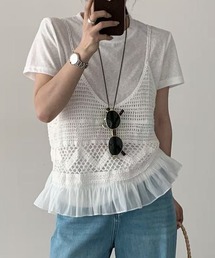 【セットアップ】楊柳透かし編みキャミニット+半袖ラウンドTシャツ アンサンブル 2点セット レディース