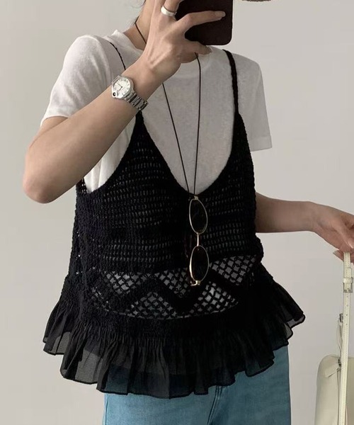 DAY CLOSET（デイ クローゼット）の「【セットアップ】楊柳透かし編みキャミニット+半袖ラウンドTシャツ アンサンブル 2点セット レディース（アンサンブル・レディース・ホワイト/ブラック・FREE）」の7枚目の写真