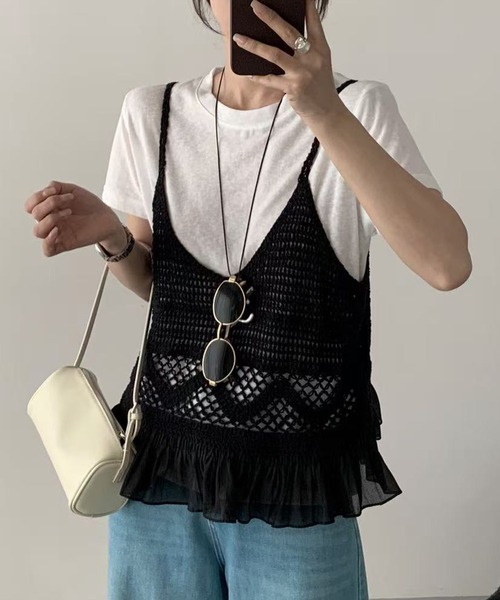 DAY CLOSET（デイ クローゼット）の「【セットアップ】楊柳透かし編みキャミニット+半袖ラウンドTシャツ アンサンブル 2点セット レディース（アンサンブル・レディース・ホワイト/ブラック・FREE）」の6枚目の写真