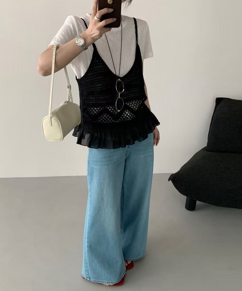 DAY CLOSET（デイ クローゼット）の「【セットアップ】楊柳透かし編みキャミニット+半袖ラウンドTシャツ アンサンブル 2点セット レディース（アンサンブル・レディース・ホワイト/ブラック・FREE）」の8枚目の写真