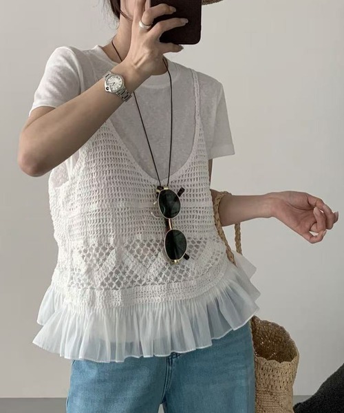 DAY CLOSET（デイ クローゼット）の「【セットアップ】楊柳透かし編みキャミニット+半袖ラウンドTシャツ アンサンブル 2点セット レディース（アンサンブル・レディース・ホワイト/ブラック・FREE）」の3枚目の写真