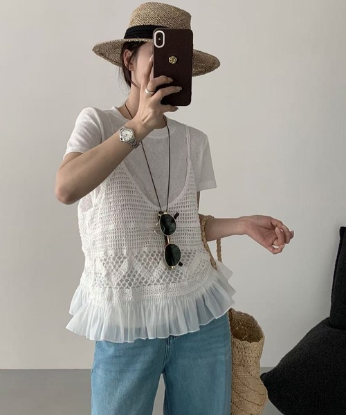 DAY CLOSET（デイ クローゼット）の「【セットアップ】楊柳透かし編みキャミニット+半袖ラウンドTシャツ アンサンブル 2点セット レディース（アンサンブル・レディース・ホワイト/ブラック・FREE）」の4枚目の写真