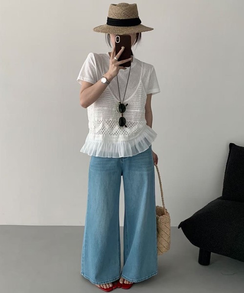DAY CLOSET（デイ クローゼット）の「【セットアップ】楊柳透かし編みキャミニット+半袖ラウンドTシャツ アンサンブル 2点セット レディース（アンサンブル・レディース・ホワイト/ブラック・FREE）」の5枚目の写真