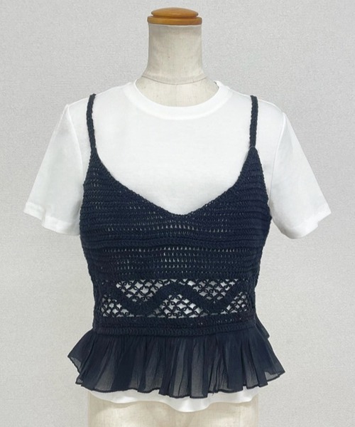 DAY CLOSET（デイ クローゼット）の「【セットアップ】楊柳透かし編みキャミニット+半袖ラウンドTシャツ アンサンブル 2点セット レディース（アンサンブル・レディース・ホワイト/ブラック・FREE）」の12枚目の写真