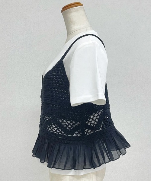 DAY CLOSET（デイ クローゼット）の「【セットアップ】楊柳透かし編みキャミニット+半袖ラウンドTシャツ アンサンブル 2点セット レディース（アンサンブル・レディース・ホワイト/ブラック・FREE）」の13枚目の写真