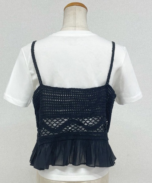 DAY CLOSET（デイ クローゼット）の「【セットアップ】楊柳透かし編みキャミニット+半袖ラウンドTシャツ アンサンブル 2点セット レディース（アンサンブル・レディース・ホワイト/ブラック・FREE）」の14枚目の写真