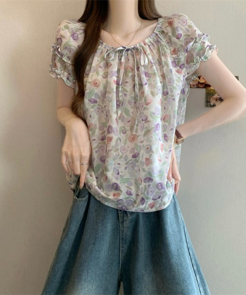 LUCPY(ラクピー)の「マルチチェックリボンネックフリルスリーブブラウス(シャツ/ブラウス・レディース・パープル/オレンジ/ピンク・FREE)」の5枚目の写真