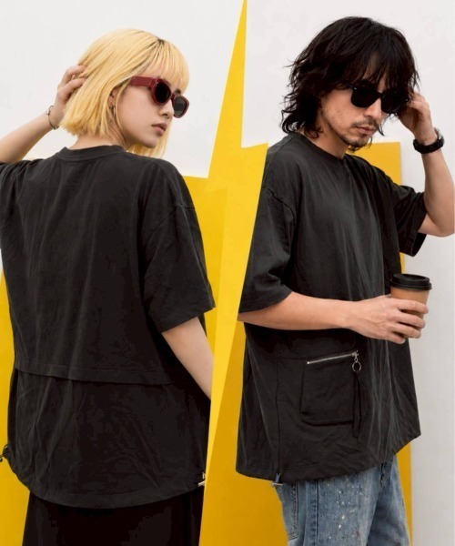 KAMINARI_TOKIO(カミナリトキオ)の「異素材ドローコードZIPポケットTシャツ(Tシャツ/カットソー・レディース・チャコールグレー/ブラック・FREE)」の7枚目の写真