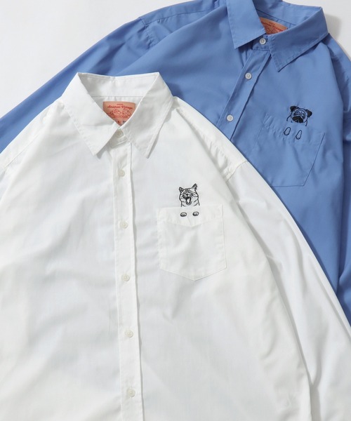 SITRY(シトリー)の「Animal Embroidery Broadcloth Shirt/アニマル 猫&犬 ワンポイント刺繍 ポケット ブロードシャツ 長袖シャツ(シャツ/ブラウス・メンズ・ストライプ/ブルー/ブラック/ホワイト・M/LL/L)」の2枚目の写真