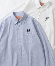 Animal Embroidery Broadcloth Shirt/アニマル 猫&犬 ワンポイント刺繍 ポケット ブロードシャツ 長袖シャツ