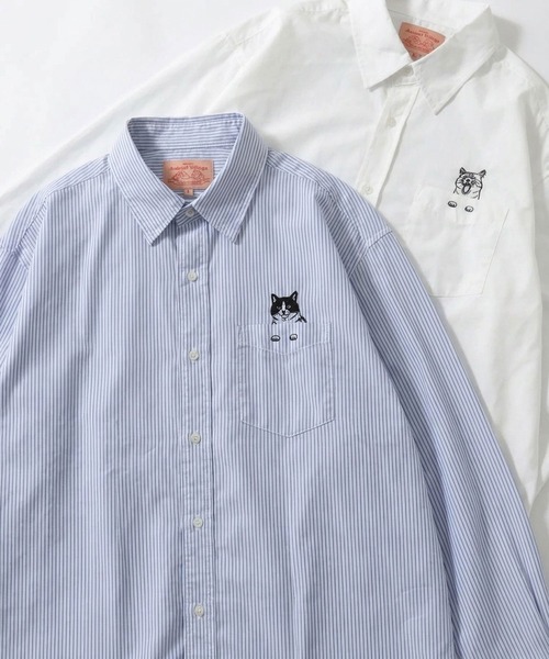 SITRY(シトリー)の「Animal Embroidery Broadcloth Shirt/アニマル 猫&犬 ワンポイント刺繍 ポケット ブロードシャツ 長袖シャツ(シャツ/ブラウス・メンズ・ストライプ/ブルー/ブラック/ホワイト・M/LL/L)」の4枚目の写真