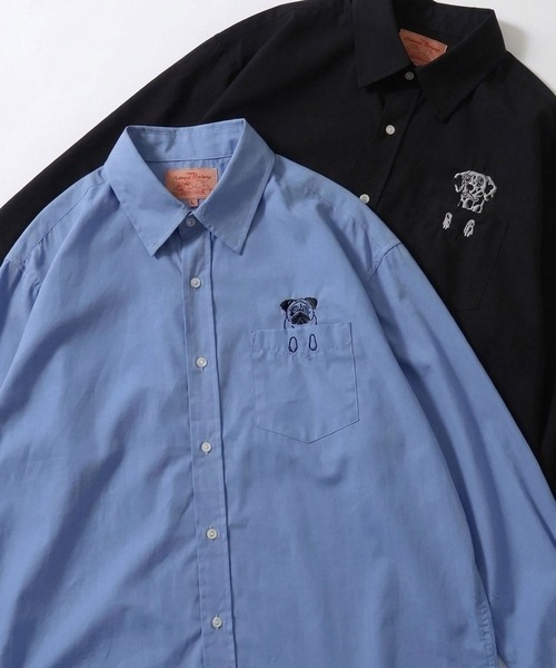 SITRY(シトリー)の「Animal Embroidery Broadcloth Shirt/アニマル 猫&犬 ワンポイント刺繍 ポケット ブロードシャツ 長袖シャツ(シャツ/ブラウス・メンズ・ストライプ/ブルー/ブラック/ホワイト・M/LL/L)」の3枚目の写真