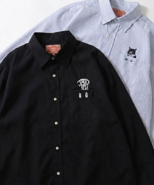 SITRY(シトリー)の「Animal Embroidery Broadcloth Shirt/アニマル 猫&犬 ワンポイント刺繍 ポケット ブロードシャツ 長袖シャツ(シャツ/ブラウス・メンズ・ストライプ/ブルー/ブラック/ホワイト・M/LL/L)」の1枚目の写真