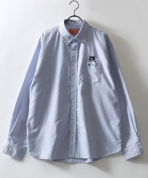 SITRY(シトリー)の「Animal Embroidery Broadcloth Shirt/アニマル 猫&犬 ワンポイント刺繍 ポケット ブロードシャツ 長袖シャツ(シャツ/ブラウス・メンズ・ストライプ/ブルー/ブラック/ホワイト・M/LL/L)」の8枚目の写真