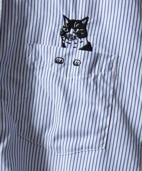 SITRY(シトリー)の「Animal Embroidery Broadcloth Shirt/アニマル 猫&犬 ワンポイント刺繍 ポケット ブロードシャツ 長袖シャツ(シャツ/ブラウス・メンズ・ストライプ/ブルー/ブラック/ホワイト・M/LL/L)」の16枚目の写真
