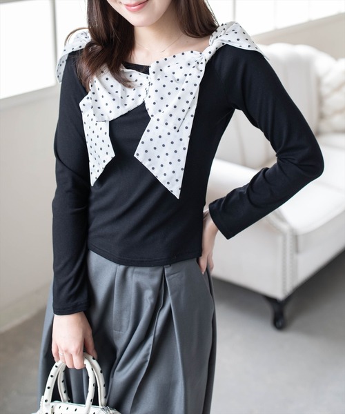 clear（クリア）の「2wayダブルリボンカットソー［骨格ウェーブ／フェミニン／ガーリー］（Tシャツ/カットソー・レディース・ブラック/オフホワイト/ホワイト×ブラック・F）」の3枚目の写真