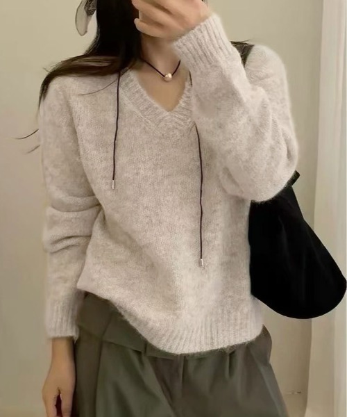 kirakiraShop(キラキラショップ)の「ミックス ニット Vネック プルオーバー(ニット/セーター・レディース・ブラウン/アイボリー/グレー・FREE)」の6枚目の写真