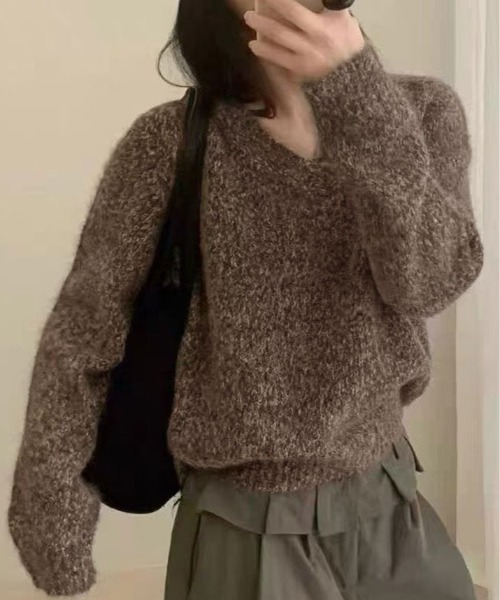 kirakiraShop(キラキラショップ)の「ミックス ニット Vネック プルオーバー(ニット/セーター・レディース・ブラウン/アイボリー/グレー・FREE)」の5枚目の写真