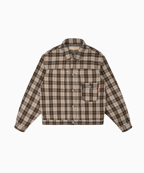 HELLO SUNRISE(ハローサンライズ)の「HS Check Trucker Jacket_Brown(その他アウター・レディース・ブラウン・SMALL/MEDIUM/LARGE)」の1枚目の写真