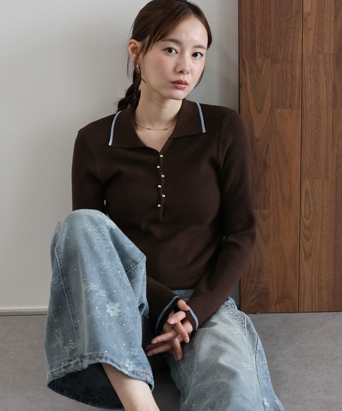 J by blue(ジェイバイブルー)の「バイカラースキッパーポロニット(ニット/セーター・レディース・ベージュ/ブラウン/チャコールグレー・MEDIUM)」の8枚目の写真